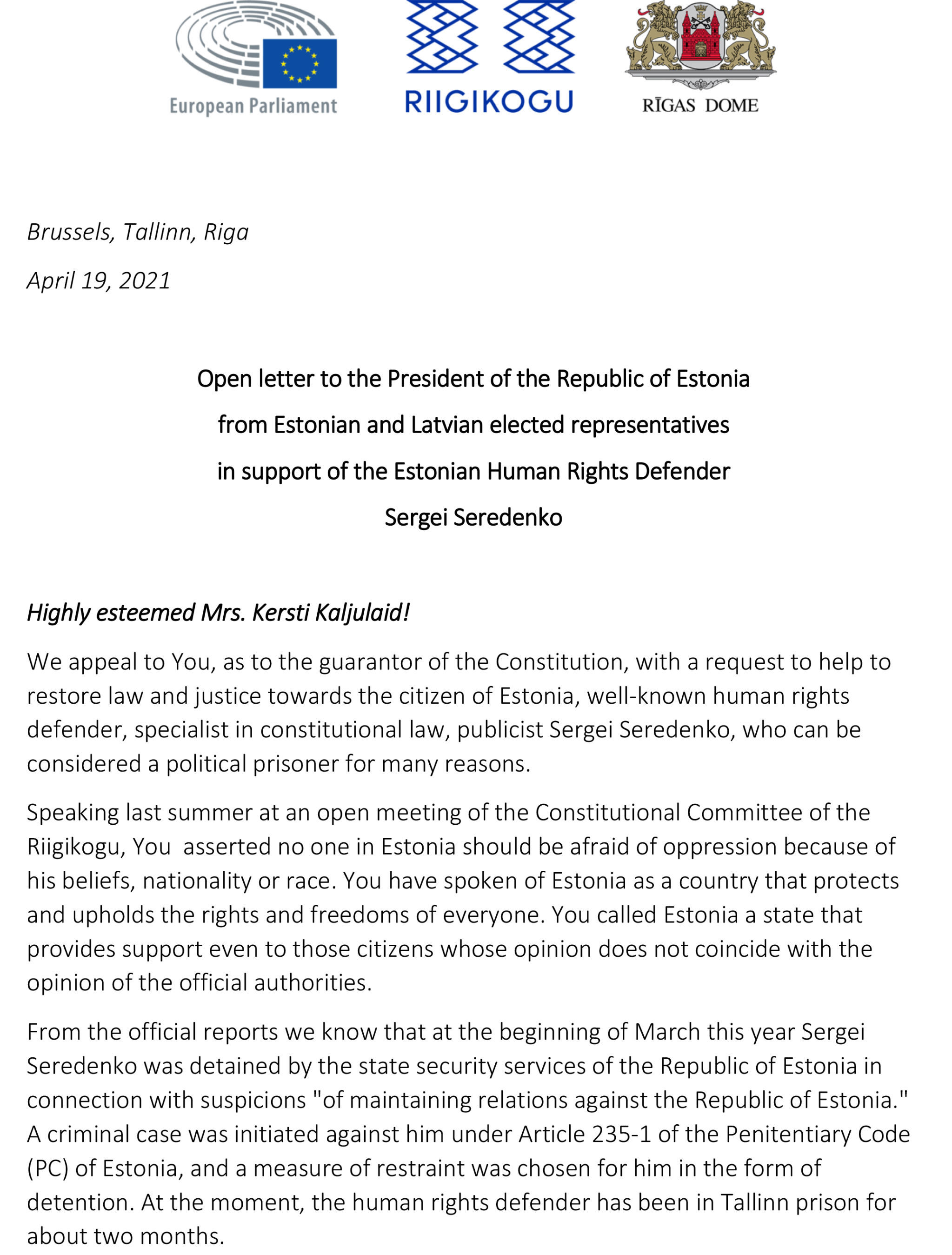 Открытое письмо Президенту Эстонии в поддержку Сергея Середенко