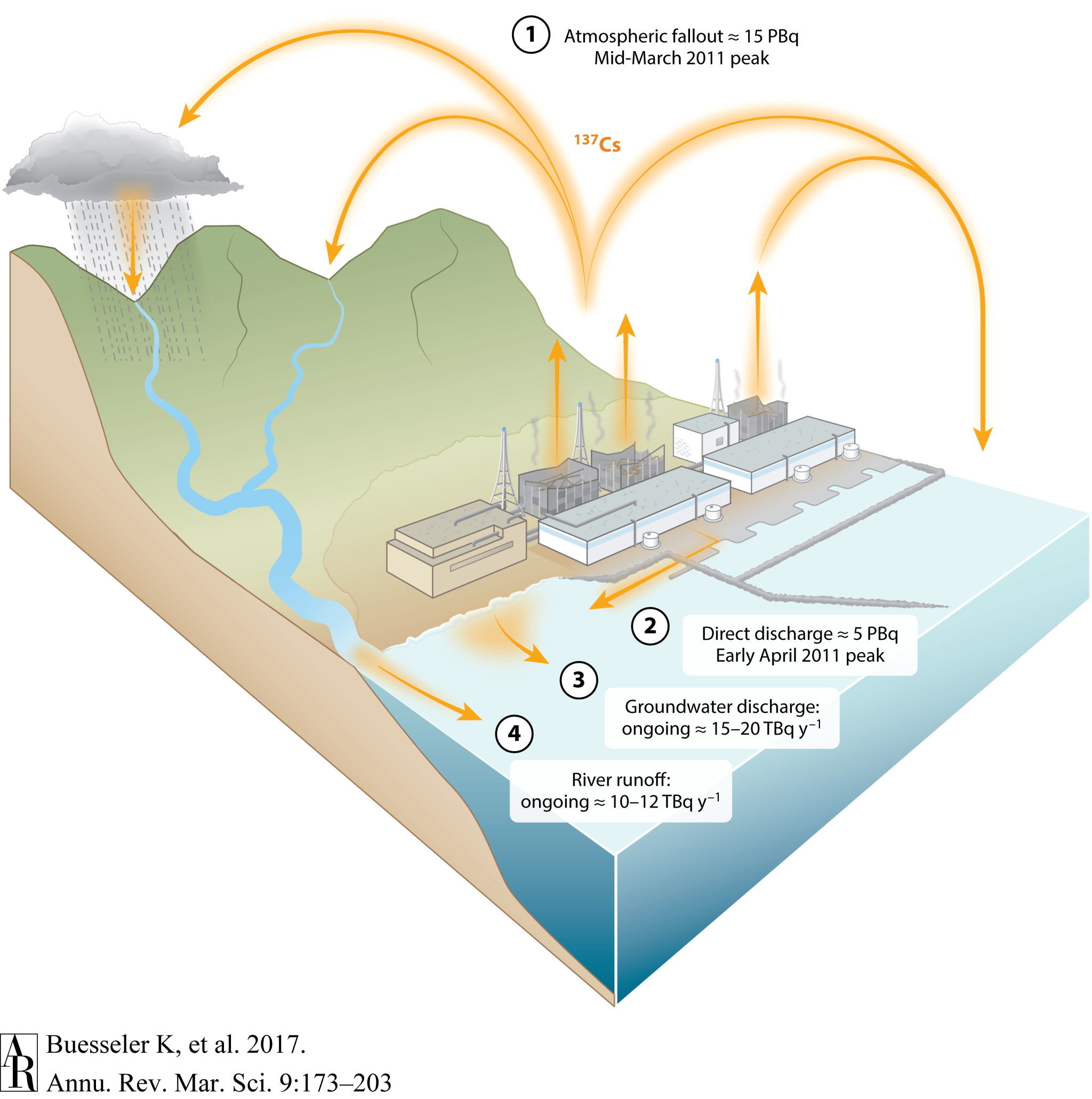 Схема распространения загрязненных радионуклидами, в частности, тритием, морских вод