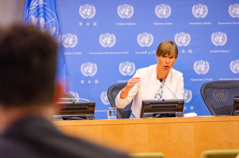 Президент Эстонии Керсти Кальюлайд в пресс-центре ООН, 29 июня 2021