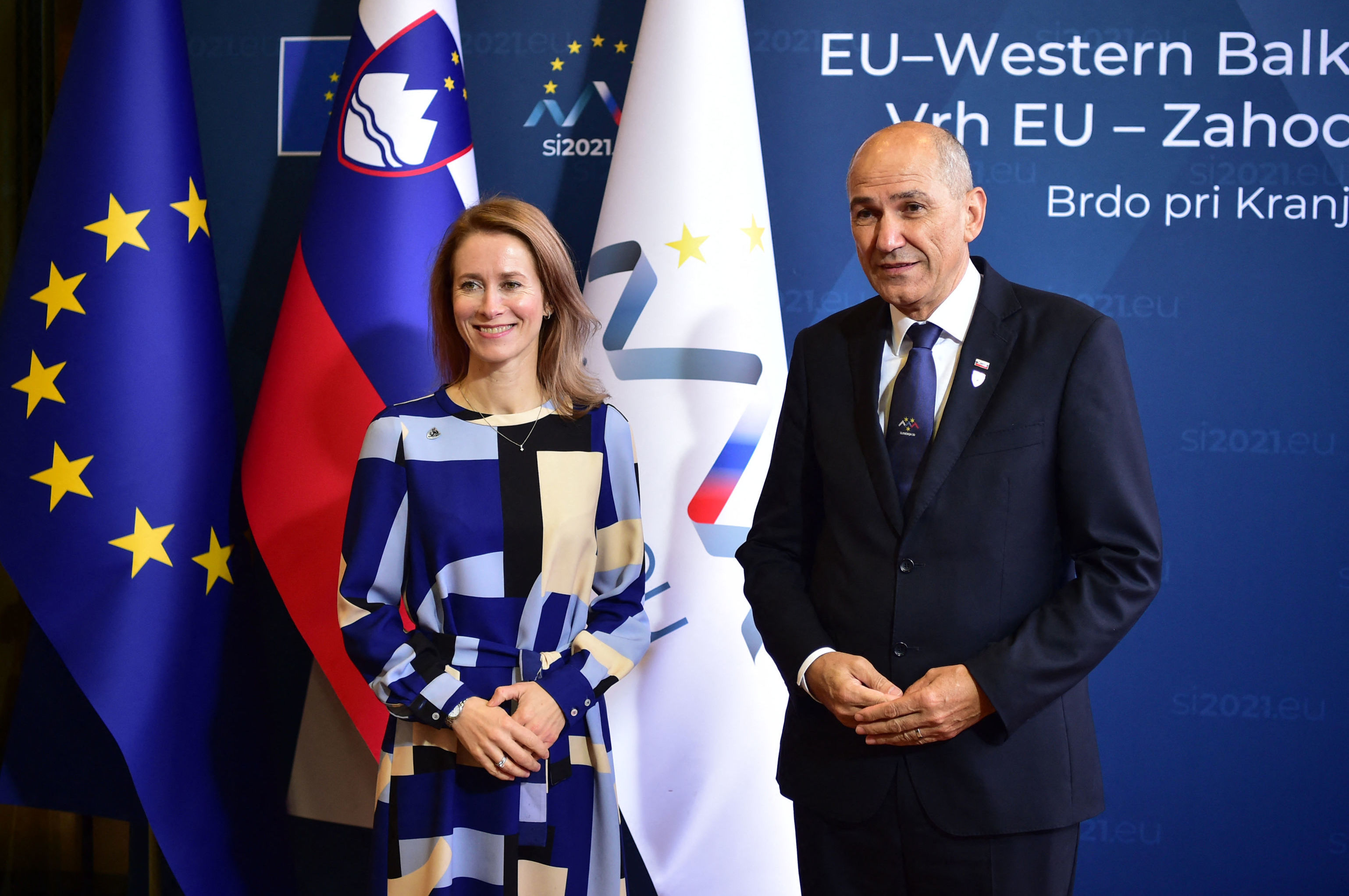 Премьер-министр Эстонии Кая Каллас и премьер-министр Словении Янез Янша (справа) во время саммита ЕС – Западные Балканы, 6 октября 2021
