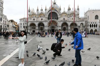 Туристы фотографируются с голубями перед собором Сан-Марко в Венеции