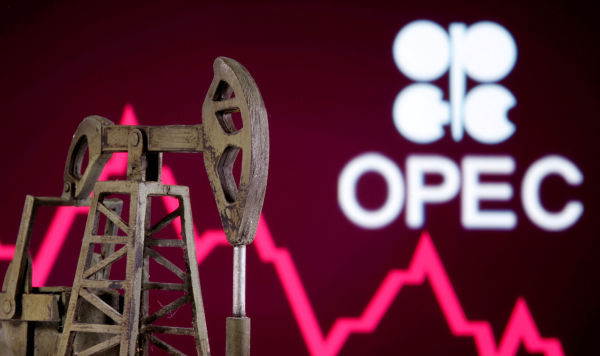 3D  модель нефтяного насоса, биржевой график и логотип OPEC