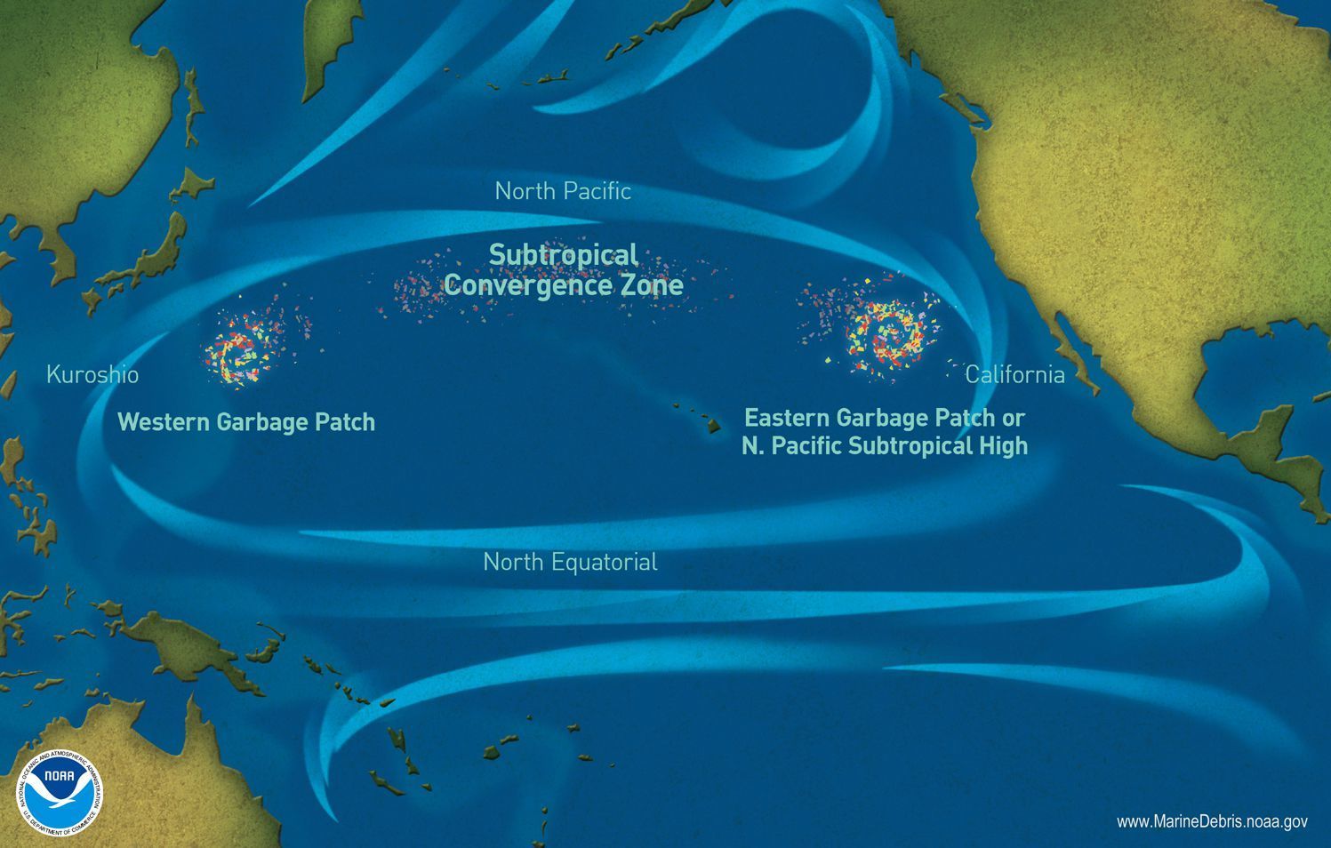 Большое тихоокеанское мусорное пятно состоит из двух отдельных скоплений мусора в северной части Тихого океана