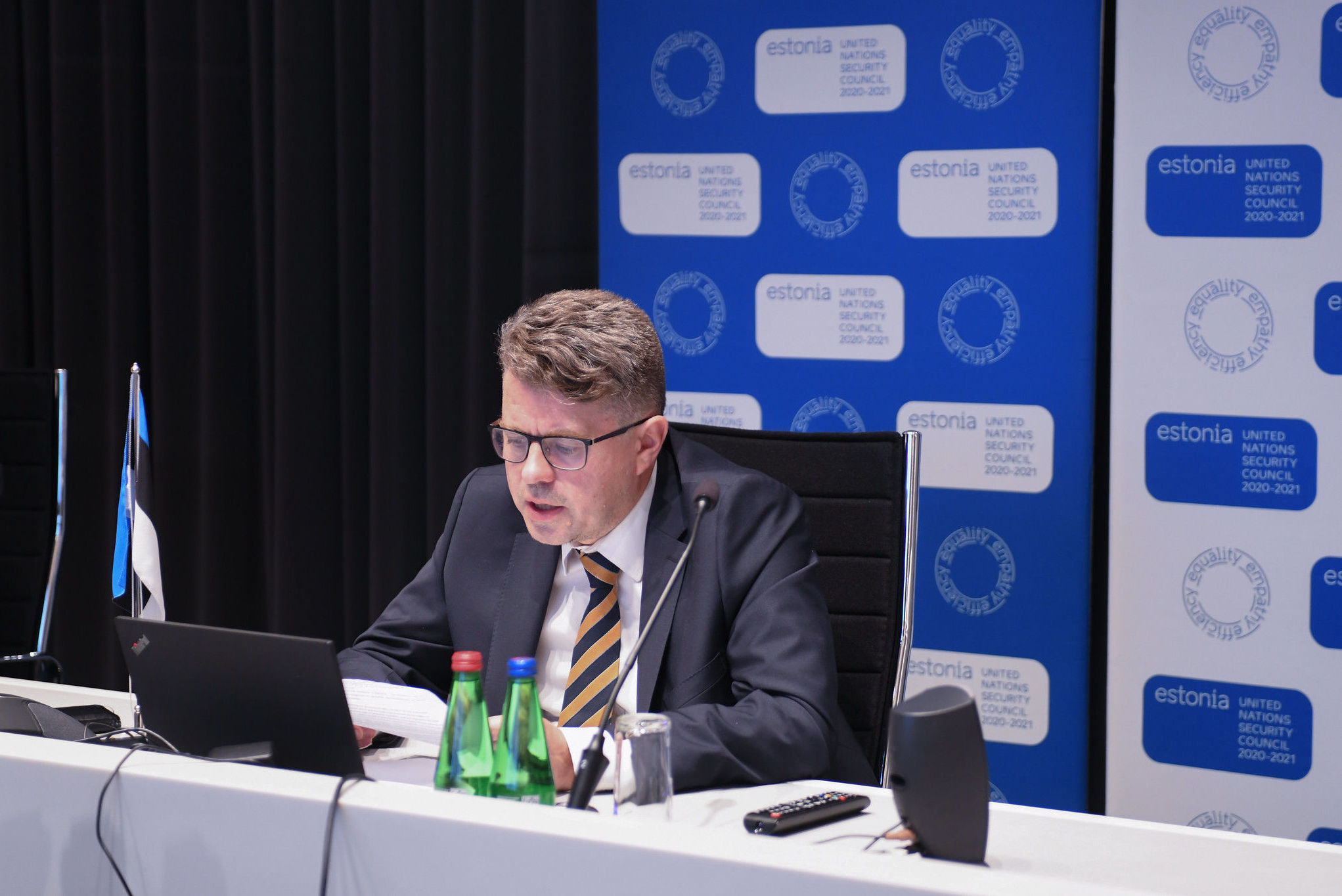 Министр иностранных дел Эстонии Урмас Рейнсалу во время обсуждения ситуация в Белоруссии в Совете Безопасности ООН под эгидой Эстонии и США