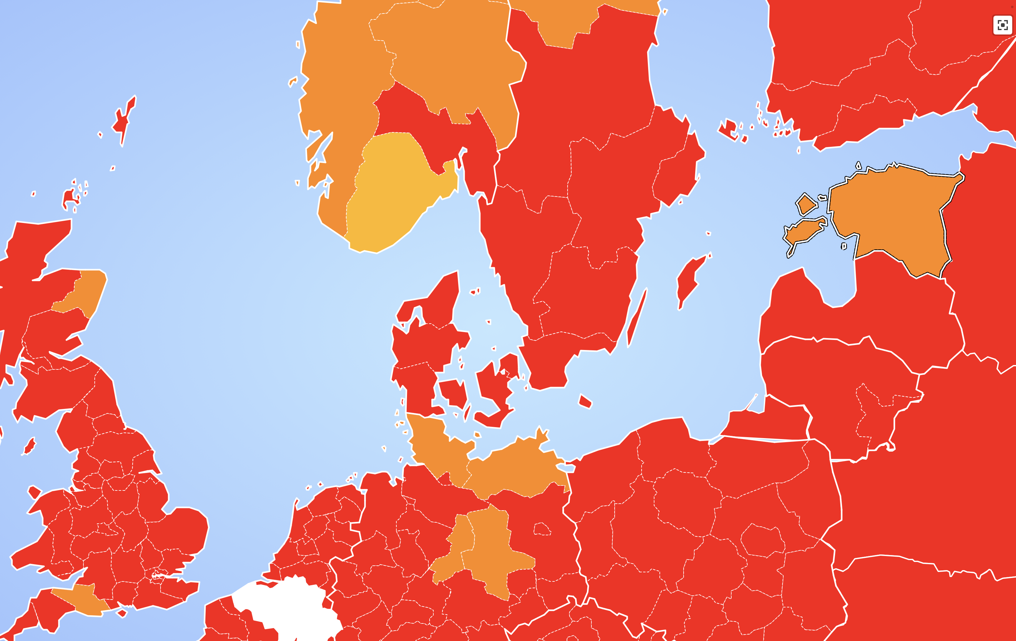 Карта распространения второй волны коронавируса  в Европе