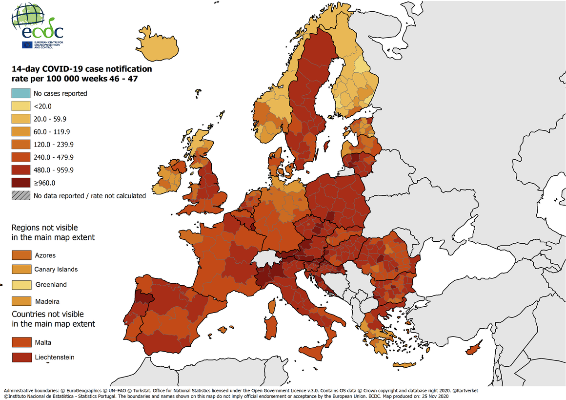Количество зарегистрированных случаев заражения COVID-19 на 100 тысяч населения по странам Европы, 46-47 недели 2020 г.