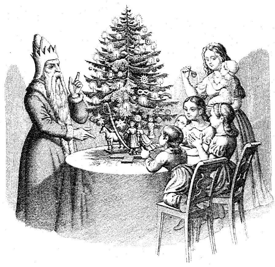Дети и Санта Клаус у "дерева Клауса". Гравюра из немецкой книги "50 басен с картинками для детей"