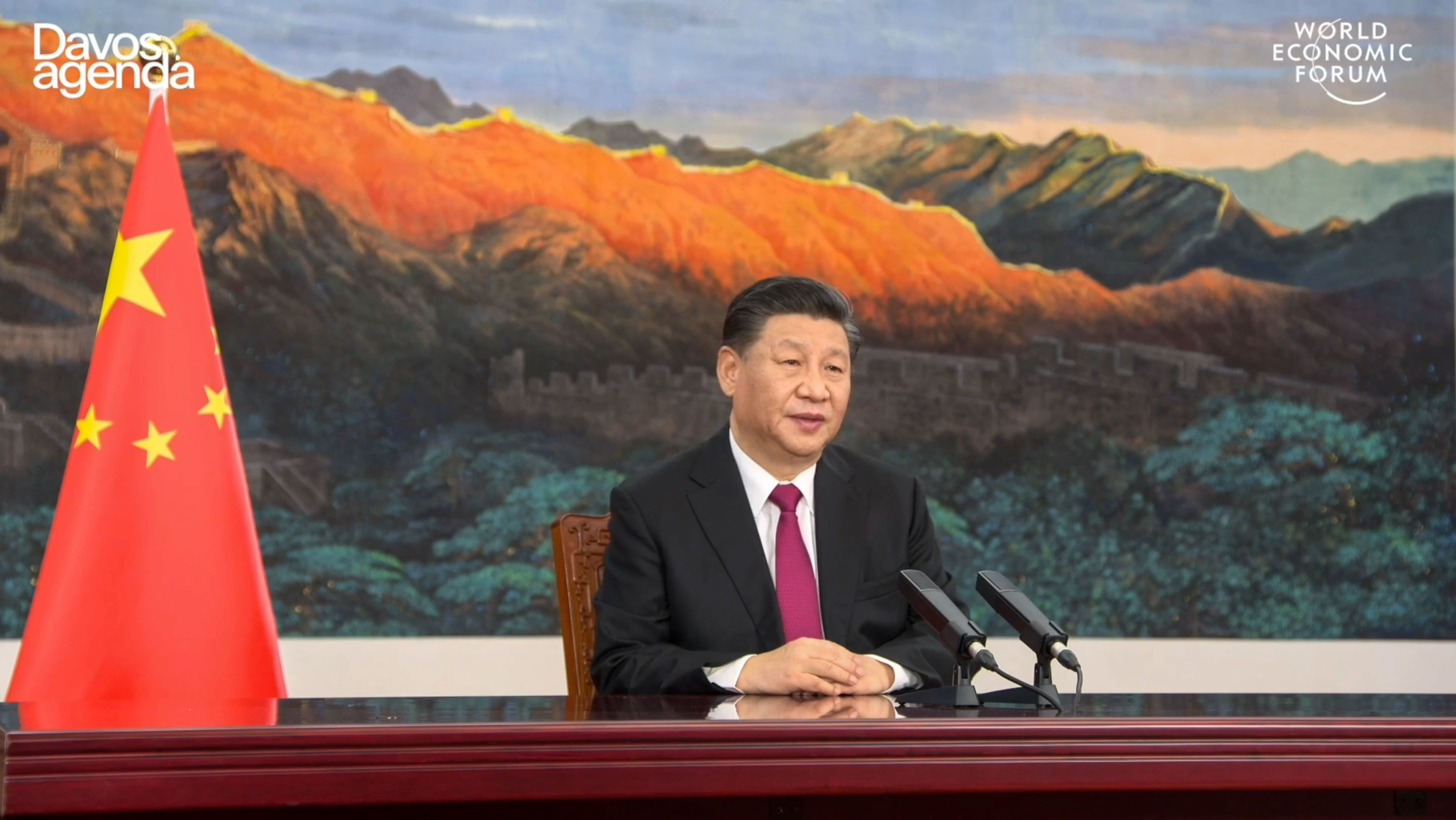 Председатель КНР Си Цзиньпин выступает по видеосвязи на сессии "Давосская повестка дня 2021" Всемирного экономического форума (ВЭФ),  25 января 2021 года