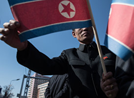 Жители Пхеньяна с флагами КНДР