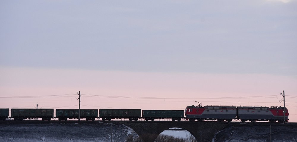 Грузовой поезд на Транссибирской железнодорожной магистрали вблизи Новосибирска.