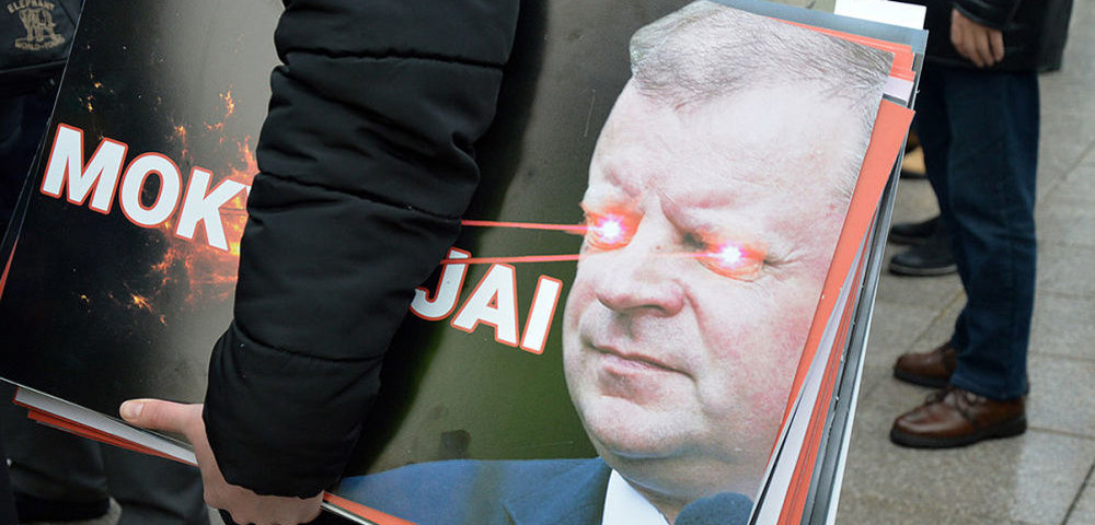 Премьер-министр Литвы Саулюс Сквернялис на плакате участника акции протеста в поддержку бастующих учителей "Последний звонок", 9 декабря 2018