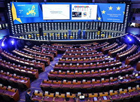 Зал заседаний в Штаб-квартире Европпарламента в Брюсселе во время заключительного дня выборов в Европейский парламент